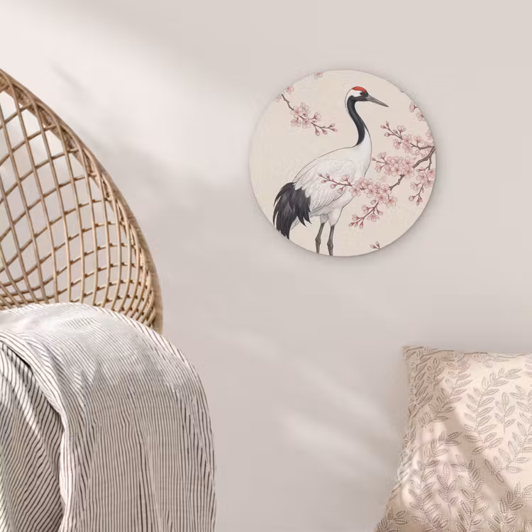 Aziatisch - Kraanvogel - Beige Akoestische PET Vilt - Rond klein -sfeer4