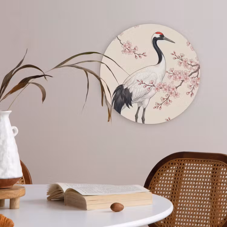 Aziatisch - Kraanvogel - Beige Akoestische PET Vilt - Rond klein -sfeer3