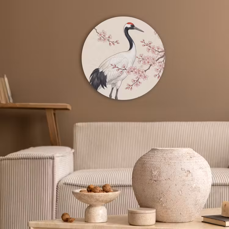 Aziatisch - Kraanvogel - Beige Akoestische PET Vilt - Rond klein -sfeer1