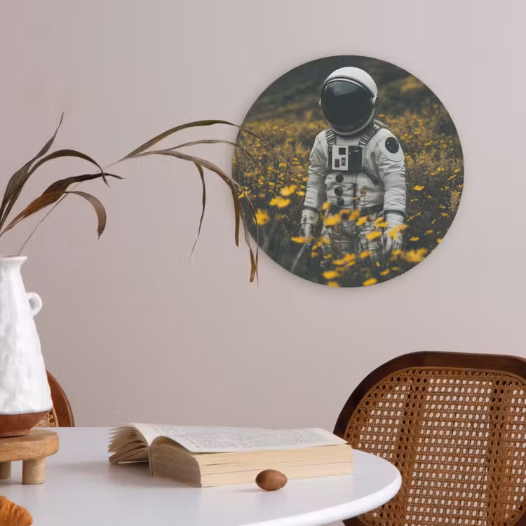 Astronaut - Bloemen - Veld - Geel Akoestische PET Vilt - Rond klein -sfeer3