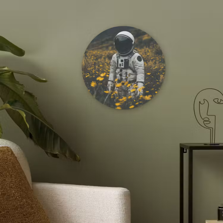 Astronaut - Bloemen - Veld - Geel Akoestische PET Vilt - Rond klein -sfeer2