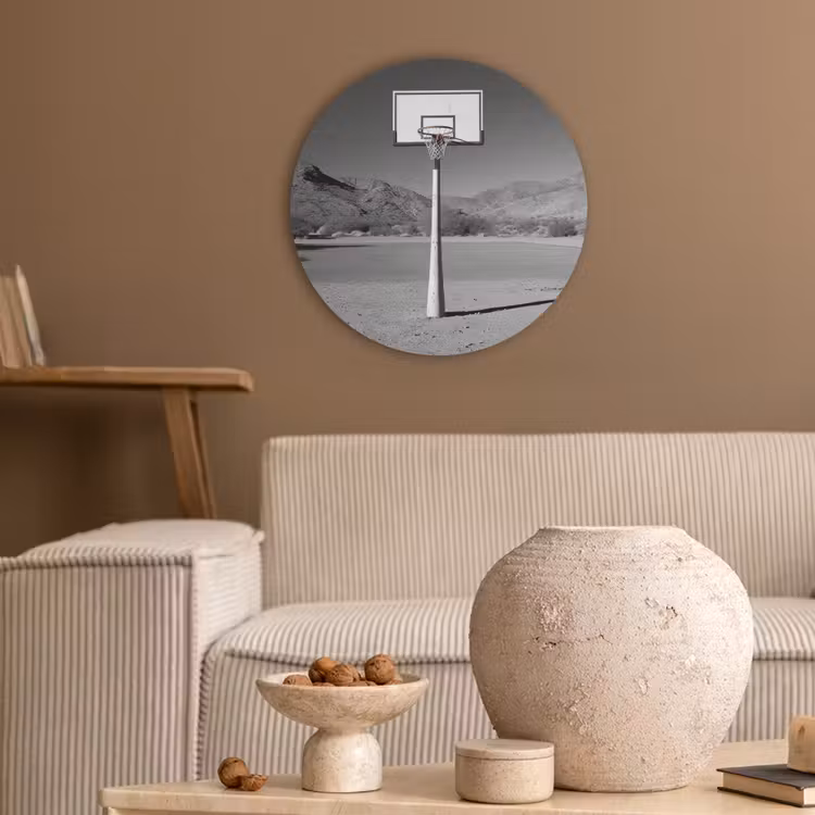 Basketbalpaal - Landschap - Zand - Wit Akoestische PET Vilt - Rond klein -sfeer1
