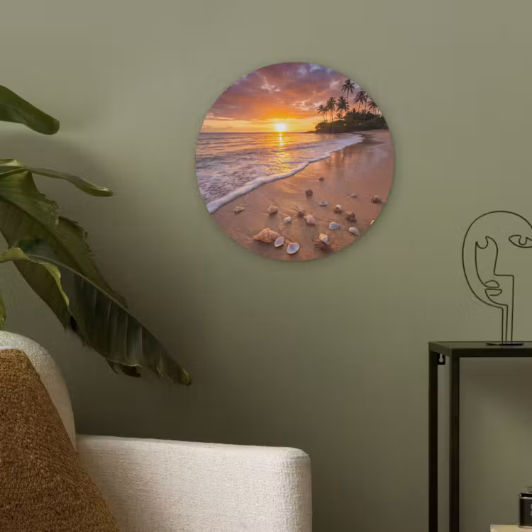 Strand - Zonsondergang - Palmbomen - Natuur - Oranje Akoestische PET Vilt - Rond klein -sfeer2