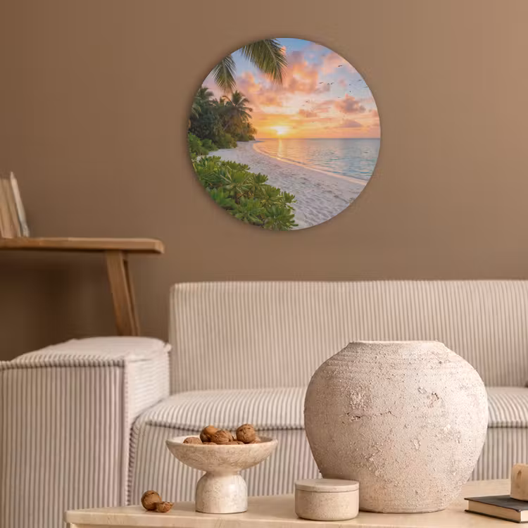 Strand - Zonsondergang - Palmbomen - Tropisch - Natuur Akoestische PET Vilt - Rond klein -sfeer1