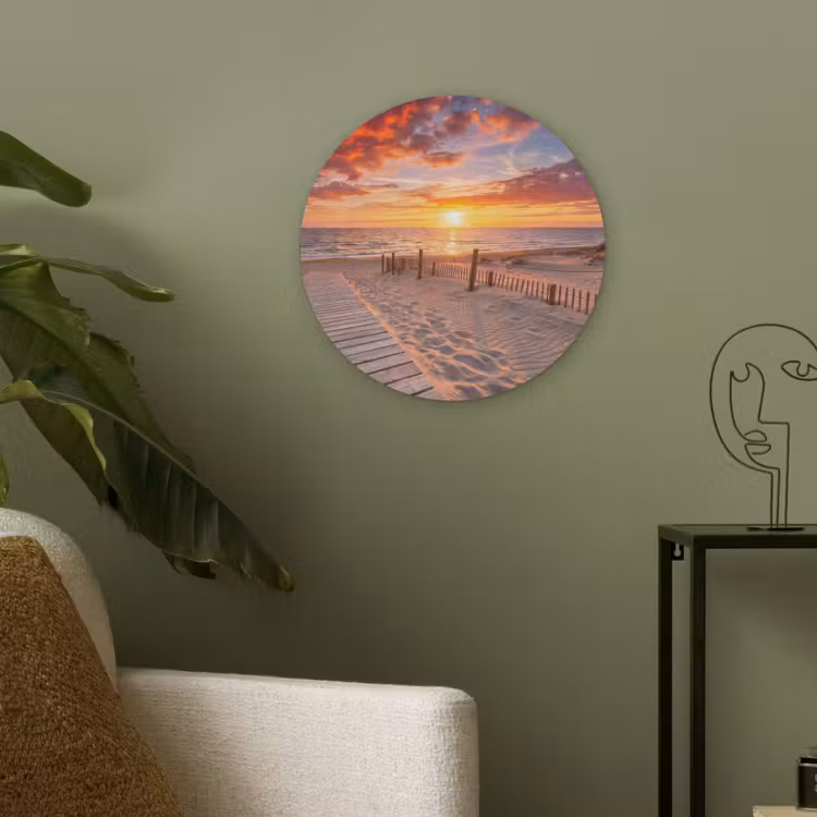 Strand - Zonsondergang - Zee - Natuur - Oranje Akoestische PET Vilt - Rond klein -sfeer2