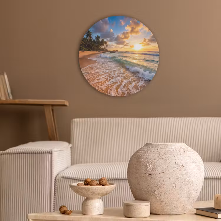 Strand - Zonsondergang - Golven - Natuur - Goud Akoestische PET Vilt - Rond klein -sfeer1