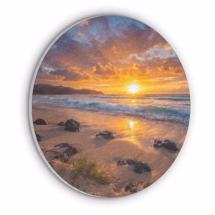 Strand - Zonsondergang - Golven - Natuur - Oranje Akoestische PET Vilt - Rond klein -3d