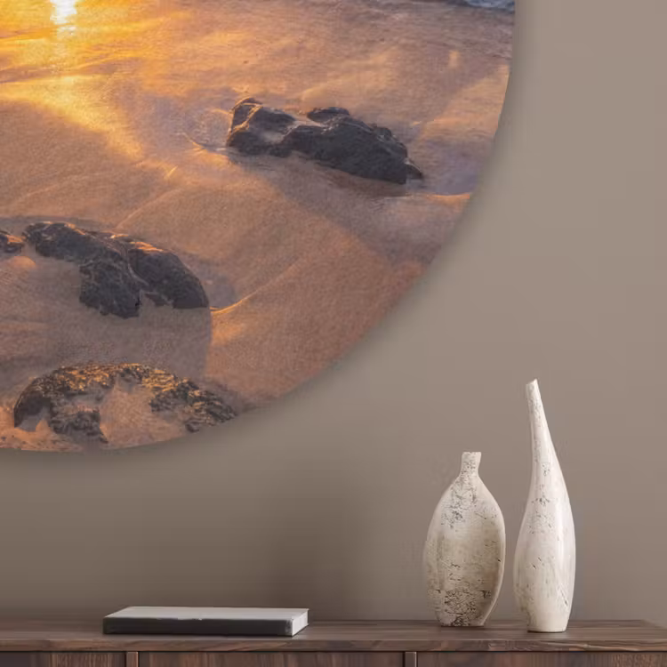 Strand - Zonsondergang - Golven - Natuur - Oranje Akoestische PET Vilt - Rond klein -sfeer5_closeup