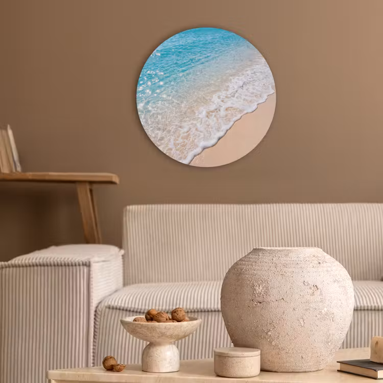 Strand - Water - Natuur - Blauw - Beige Akoestische PET Vilt - Rond klein -sfeer1