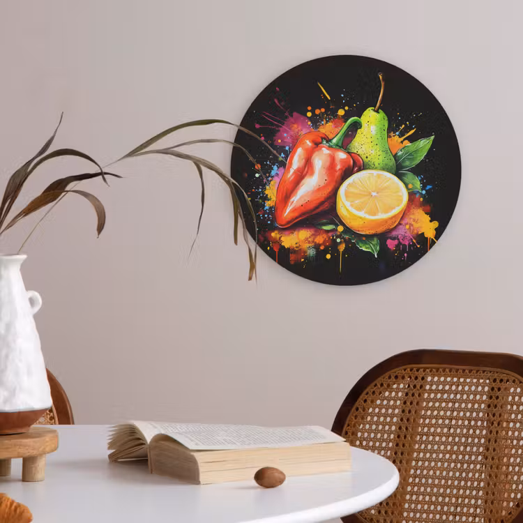 Paprika - Peer - Citroen - Graffiti - Verf - Abstract Akoestische PET Vilt - Rond klein -sfeer3