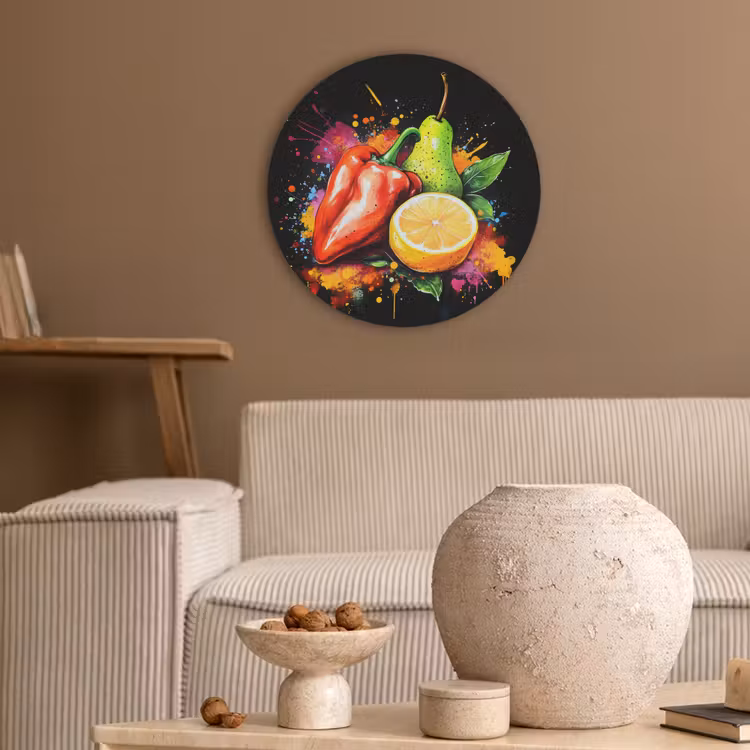 Paprika - Peer - Citroen - Graffiti - Verf - Abstract Akoestische PET Vilt - Rond klein -sfeer1