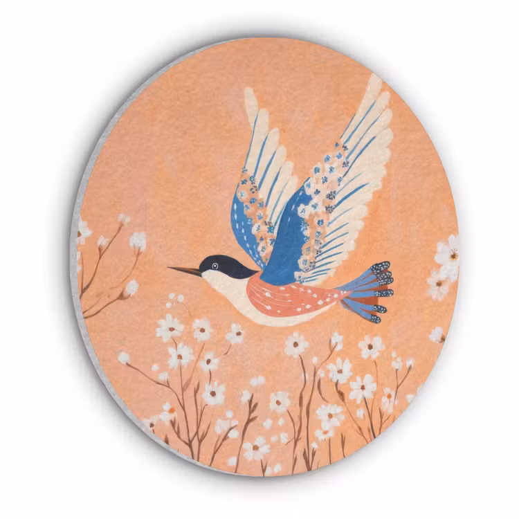 Vogel - Bloesemtakken - Warm - Kleurrijk Akoestische PET Vilt - Rond klein -3d