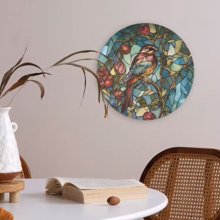 Vogel - Tak - Rozen - Mozaïek Akoestische PET Vilt - Rond klein -sfeer3