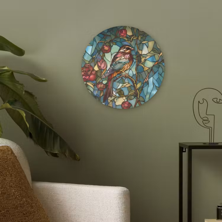 Vogel - Tak - Rozen - Mozaïek Akoestische PET Vilt - Rond klein -sfeer2