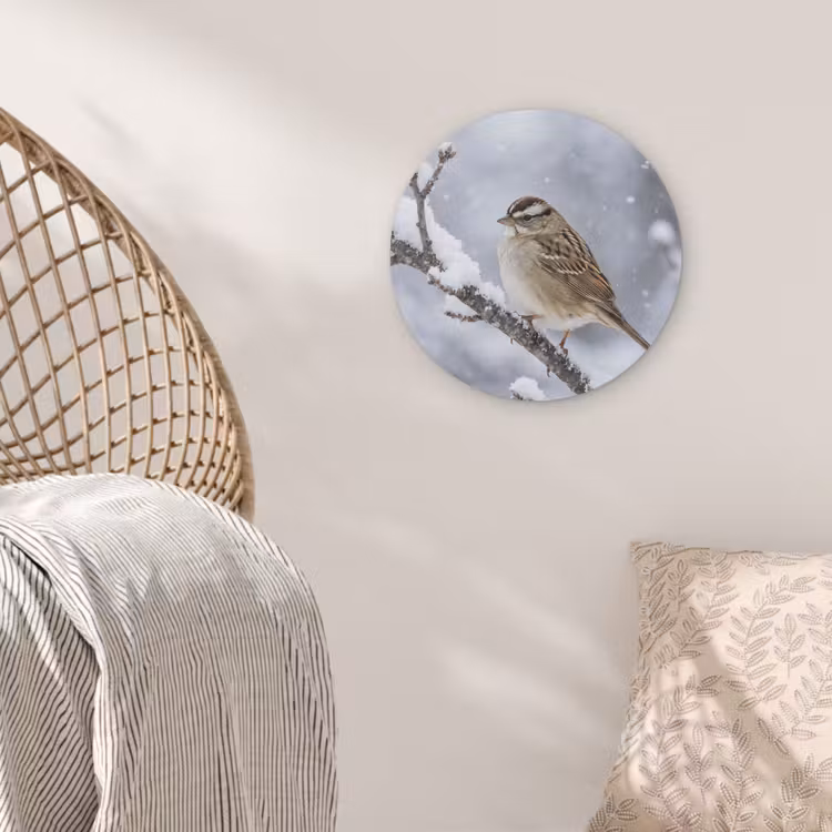 Vogel - Tak - Sneeuw - Winter Akoestische PET Vilt - Rond klein -sfeer4