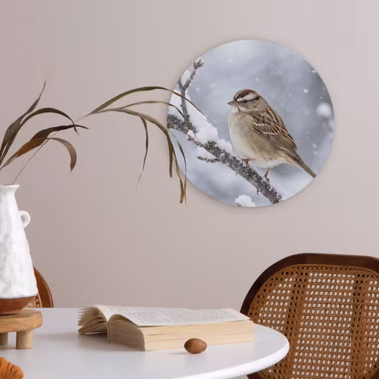 Vogel - Tak - Sneeuw - Winter Akoestische PET Vilt - Rond klein -sfeer3
