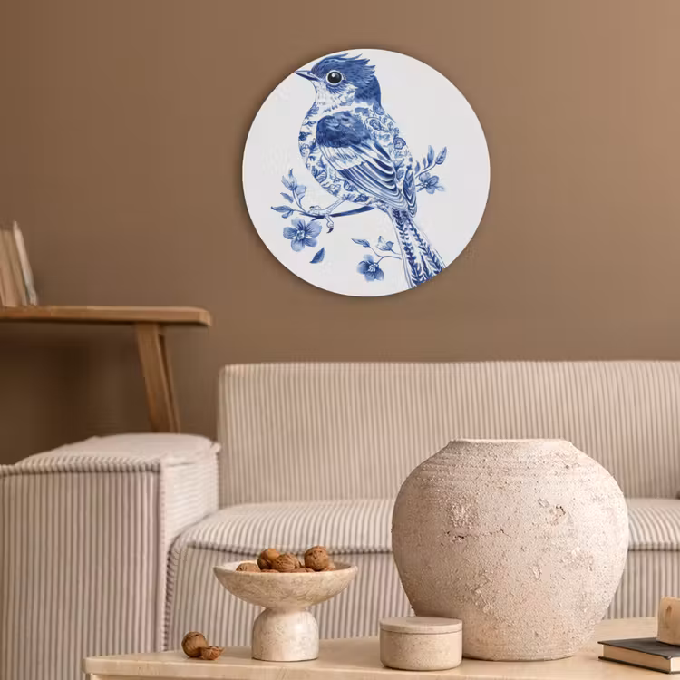 Vogel - Delfts blauw - Illustratie - Bloemen Akoestische PET Vilt - Rond klein -sfeer1