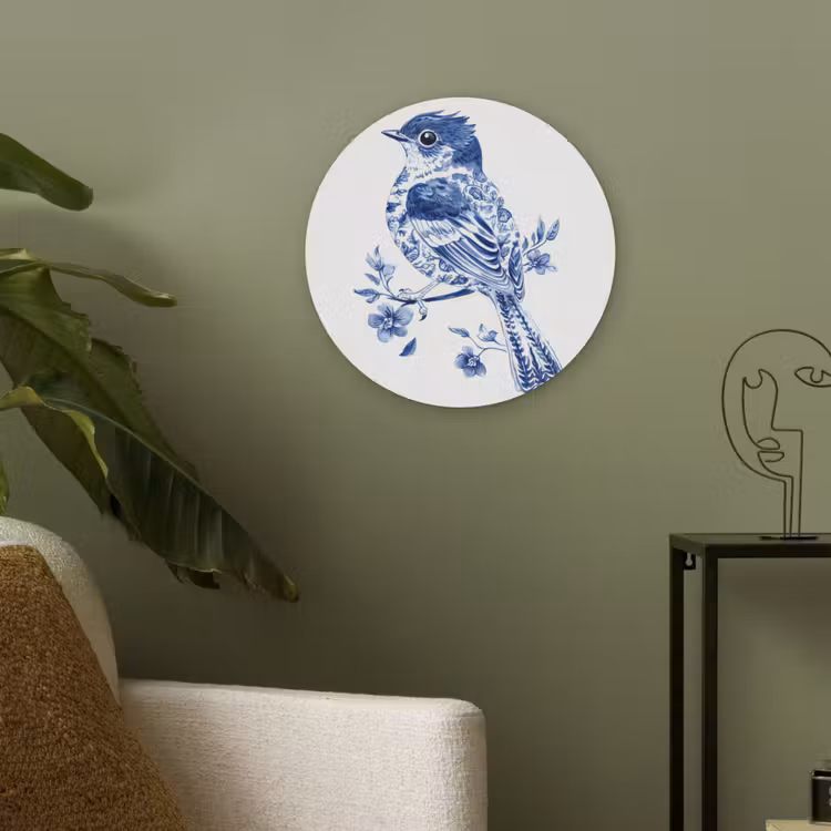 Vogel - Delfts blauw - Illustratie - Bloemen Akoestische PET Vilt - Rond klein -sfeer2