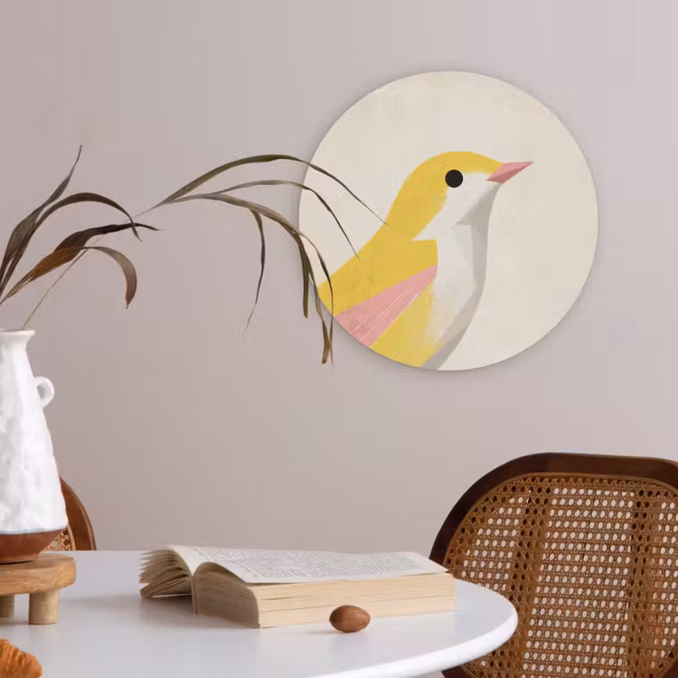 Vogel - Minimalistisch - Geel Akoestische PET Vilt - Rond klein -sfeer3