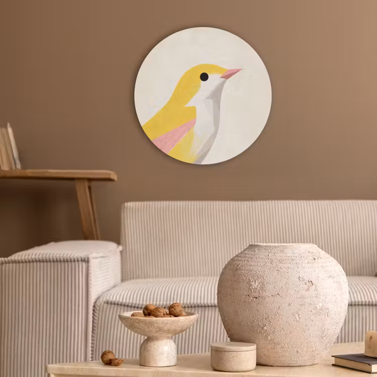 Vogel - Minimalistisch - Geel Akoestische PET Vilt - Rond klein -sfeer1