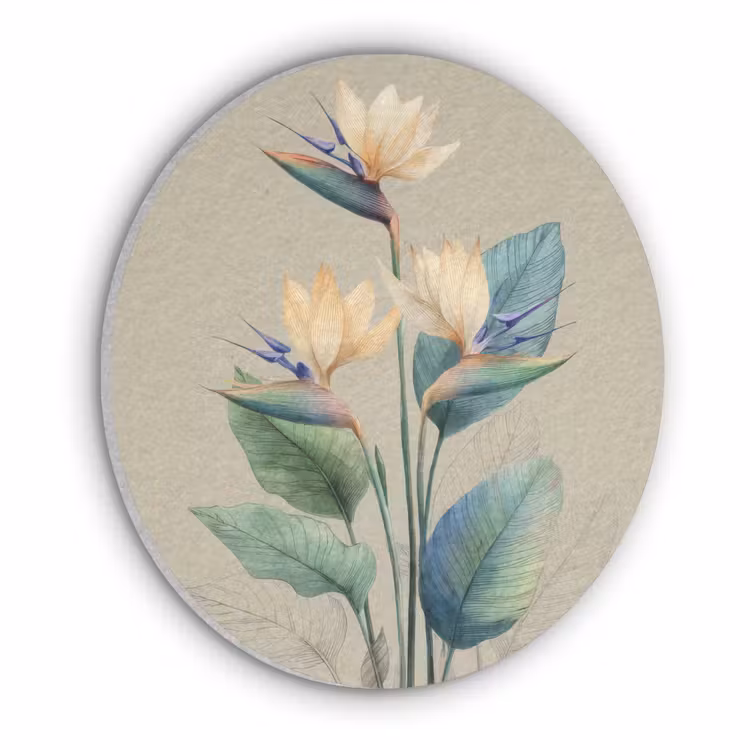 Paradijsvogelbloemen - Blauwgroene bladeren - Beige Akoestische PET Vilt - Rond klein -3d