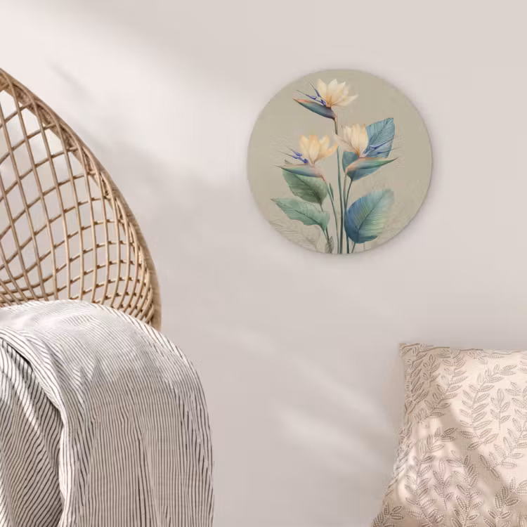 Paradijsvogelbloemen - Blauwgroene bladeren - Beige Akoestische PET Vilt - Rond klein -sfeer4