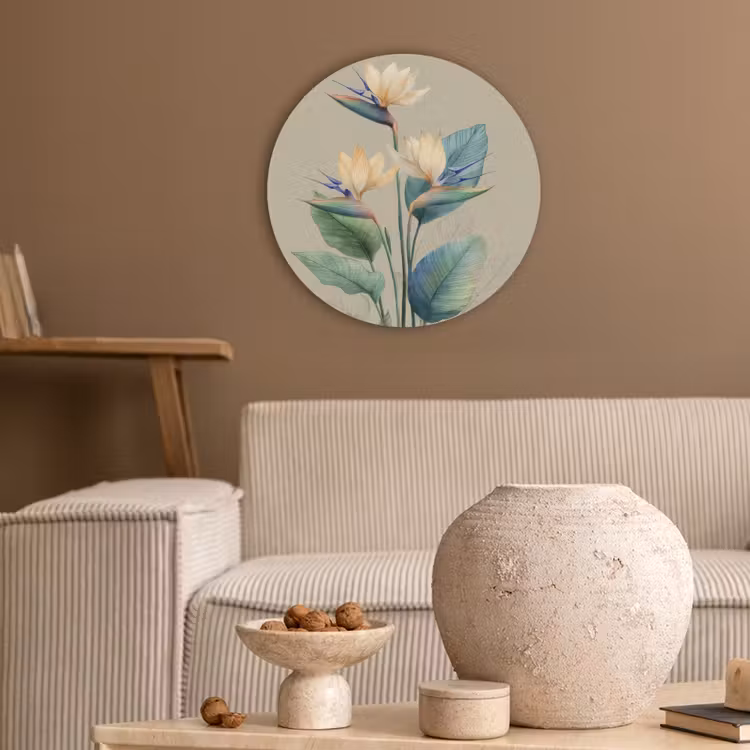 Paradijsvogelbloemen - Blauwgroene bladeren - Beige Akoestische PET Vilt - Rond klein -sfeer1
