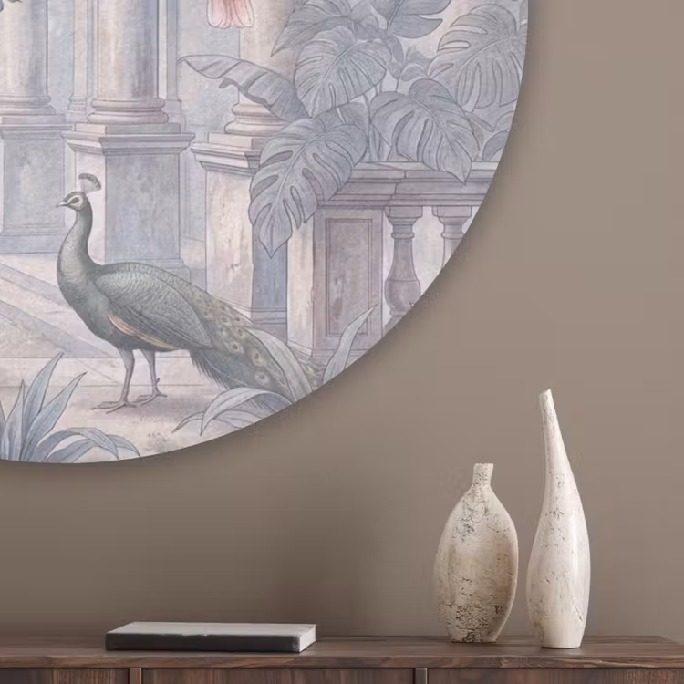 Vogel - Pauw - Architectuur - Klassiek - Groen Akoestische PET Vilt - Rond klein -sfeer5_closeup