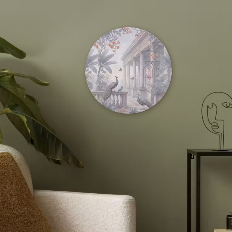 Vogel - Pauw - Architectuur - Klassiek - Groen Akoestische PET Vilt - Rond klein -sfeer2
