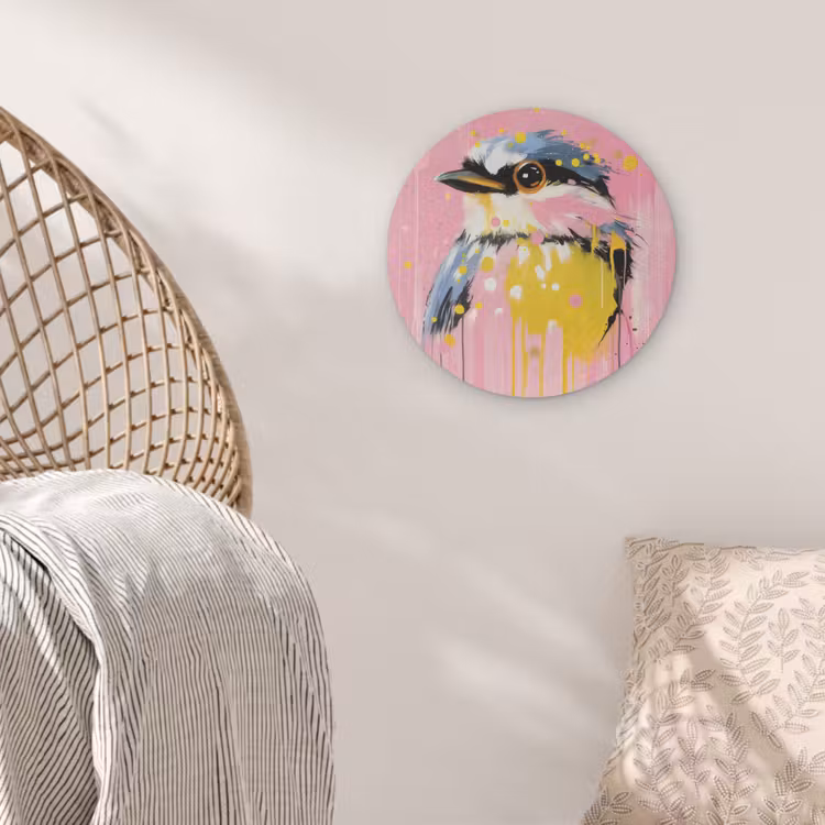 Vogel - Roze - Geel - Blauw Akoestische PET Vilt - Rond klein -sfeer4