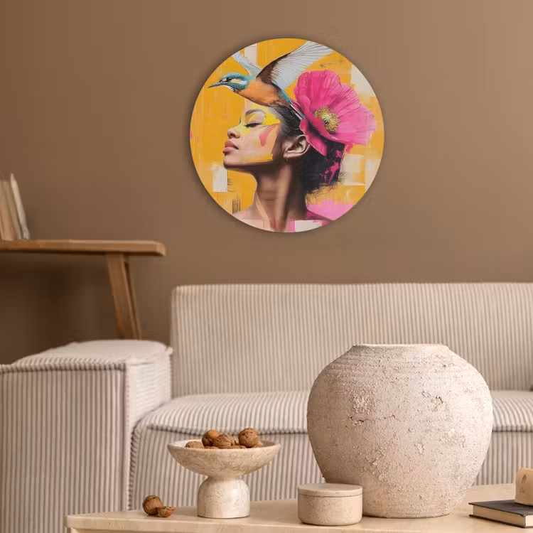 Vogel - Vrouw - Abstract - Bloem Akoestische PET Vilt - Rond klein -sfeer1