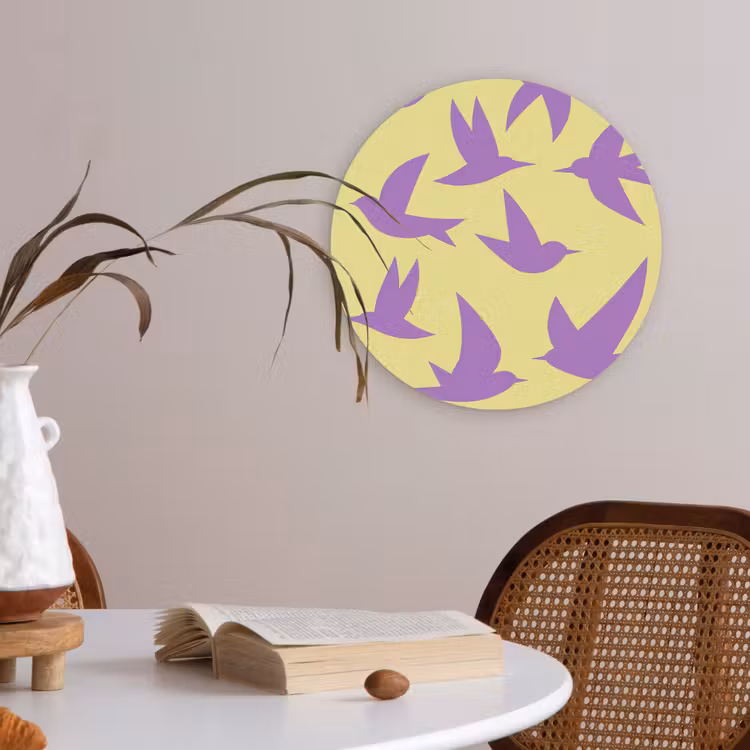 Vogels - Cirkel - Geel - Beweging Akoestische PET Vilt - Rond klein -sfeer3