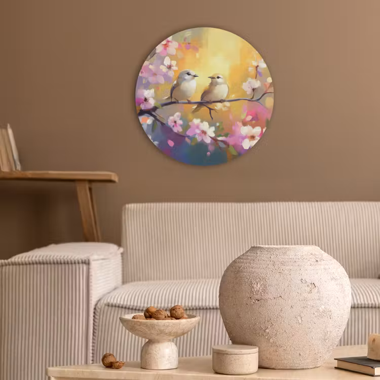 Vogels - Bloemen - Roze Akoestische PET Vilt - Rond klein -sfeer1