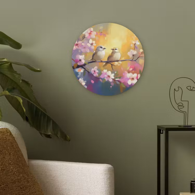 Vogels - Bloemen - Roze Akoestische PET Vilt - Rond klein -sfeer2