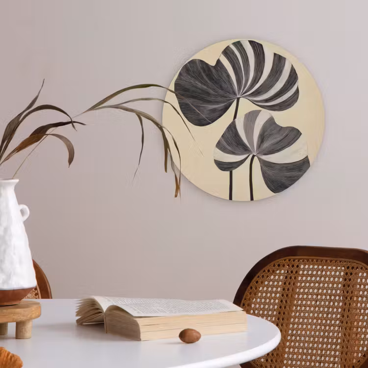 Zwart - Bladeren - Strepen - Minimalistisch Akoestische PET Vilt - Rond klein -sfeer3