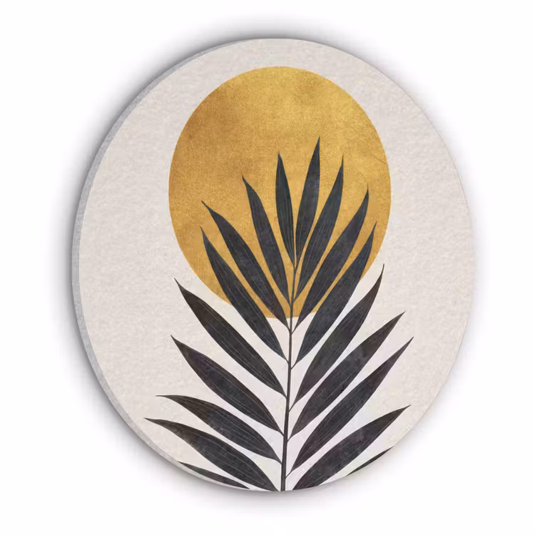 Zwart palmblad - Gouden cirkel - Beige achtergrond Akoestische PET Vilt - Rond klein -3d