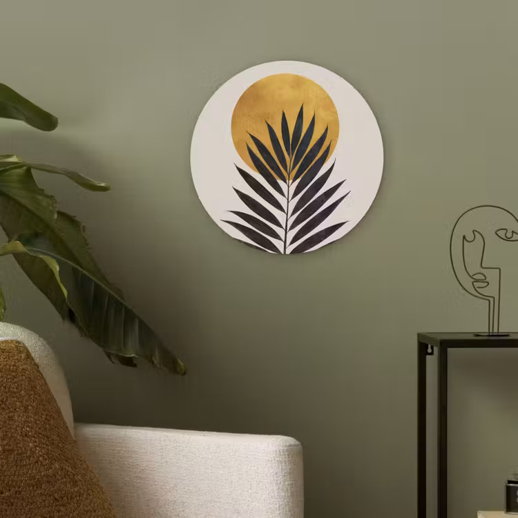 Zwart palmblad - Gouden cirkel - Beige achtergrond Akoestische PET Vilt - Rond klein -sfeer2