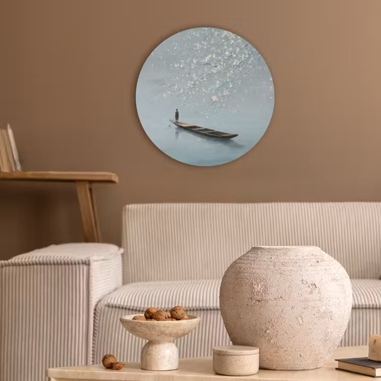 Bloesems - Minimalistisch - Wateroppervlak - Boot Akoestische PET Vilt - Rond klein -sfeer1