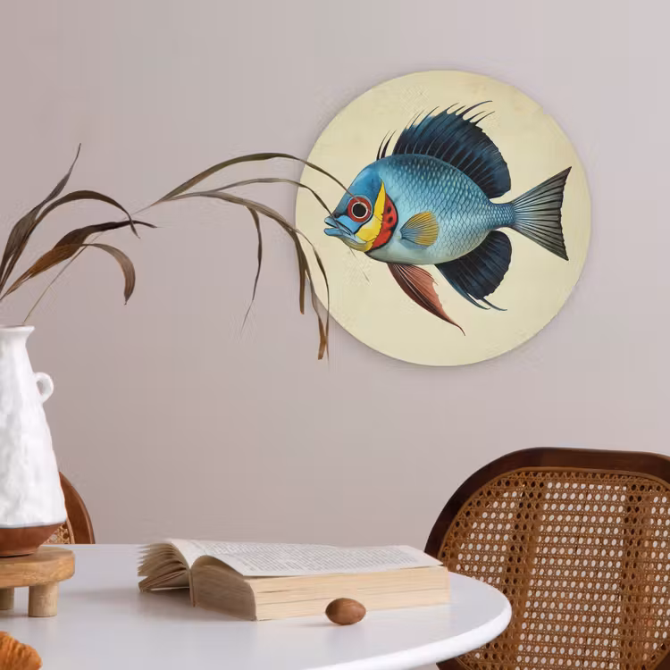 Blauw - Kieuwen - Vis - Illustratie Akoestische PET Vilt - Rond klein -sfeer3