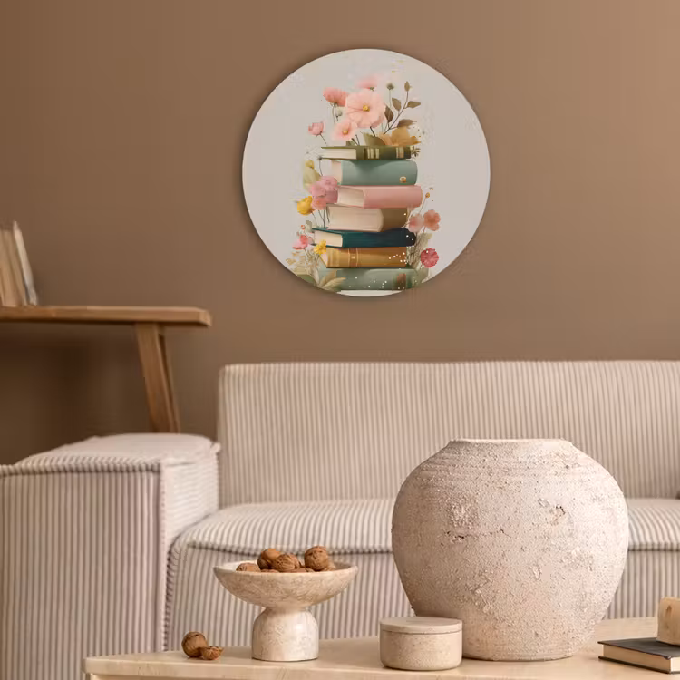 Boeken - Stapel - Bloemen - Kleurrijk Akoestische PET Vilt - Rond klein -sfeer1
