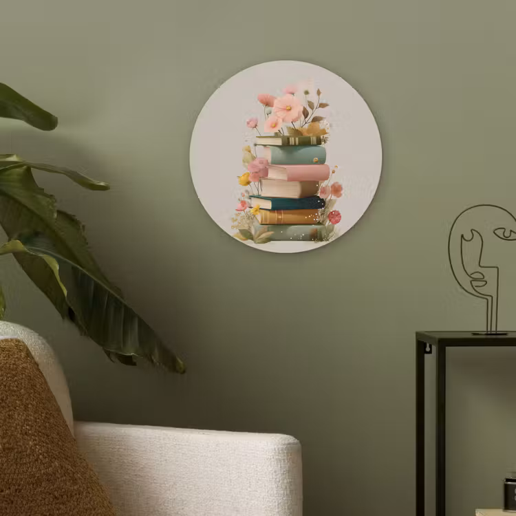 Boeken - Stapel - Bloemen - Kleurrijk Akoestische PET Vilt - Rond klein -sfeer2