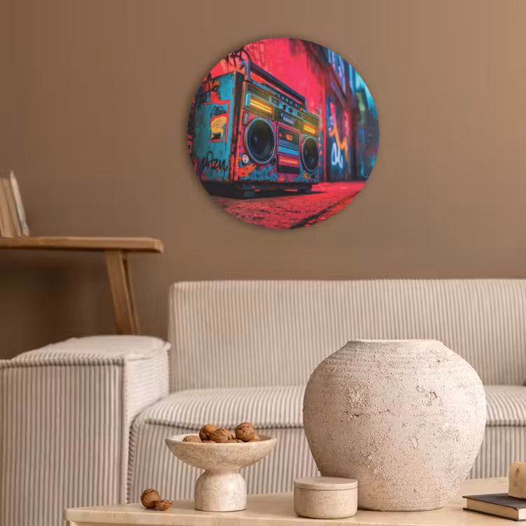 Boombox - Rood - Graffiti - Neon Akoestische PET Vilt - Rond klein -sfeer1