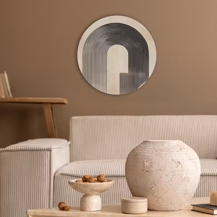 Boog -  Strepen - Minimalistisch - Zwart Akoestische PET Vilt - Rond klein -sfeer1