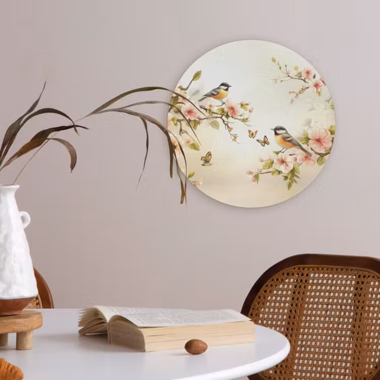 Takken - Bloemen - Vogeltjes - Roze Akoestische PET Vilt - Rond klein -sfeer3