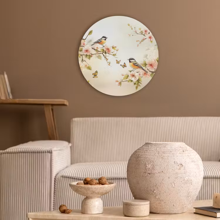 Takken - Bloemen - Vogeltjes - Roze Akoestische PET Vilt - Rond klein -sfeer1