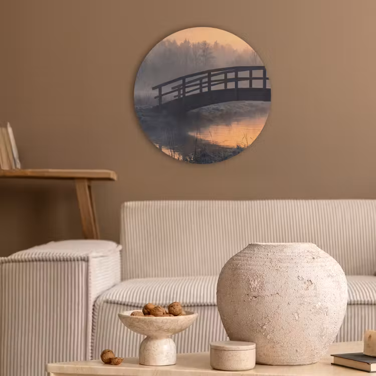 Brug - Mist - Bomen - Water Akoestische PET Vilt - Rond klein -sfeer1