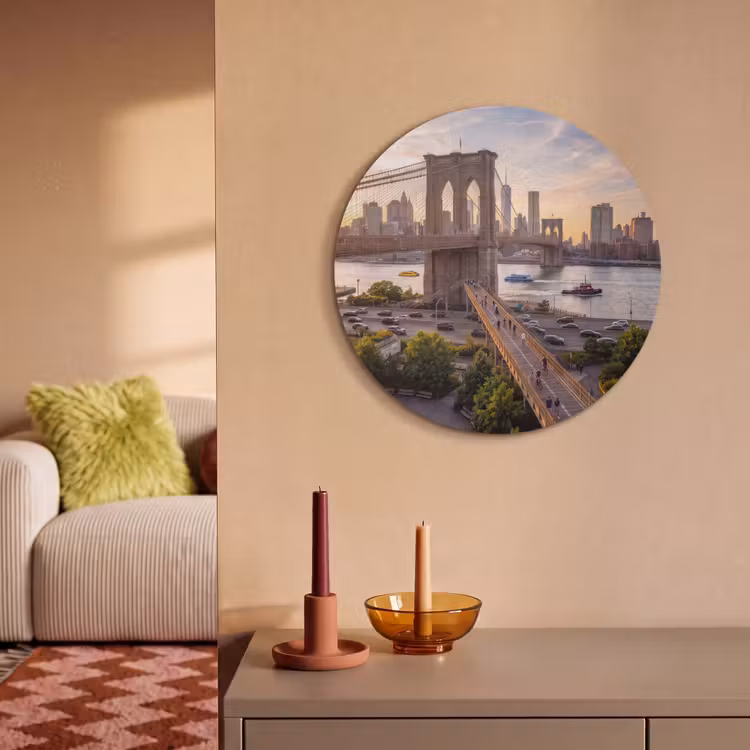 Brug - Rivier - Stad - Zonsondergang - Architectuur Akoestische PET Vilt - Rond klein -sfeer1