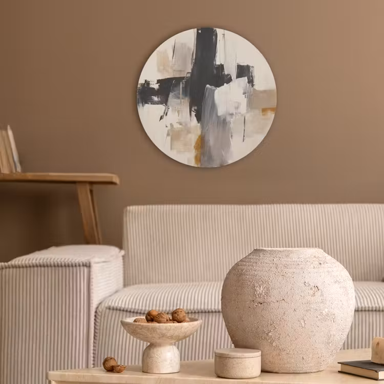 Penseelstreken - Ruw - Abstract - Beige Akoestische PET Vilt - Rond klein -sfeer1