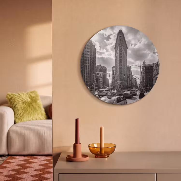 Gebouw - Hoogbouw - Stad - Architectuur - Zwart-wit Akoestische PET Vilt - Rond klein -sfeer1