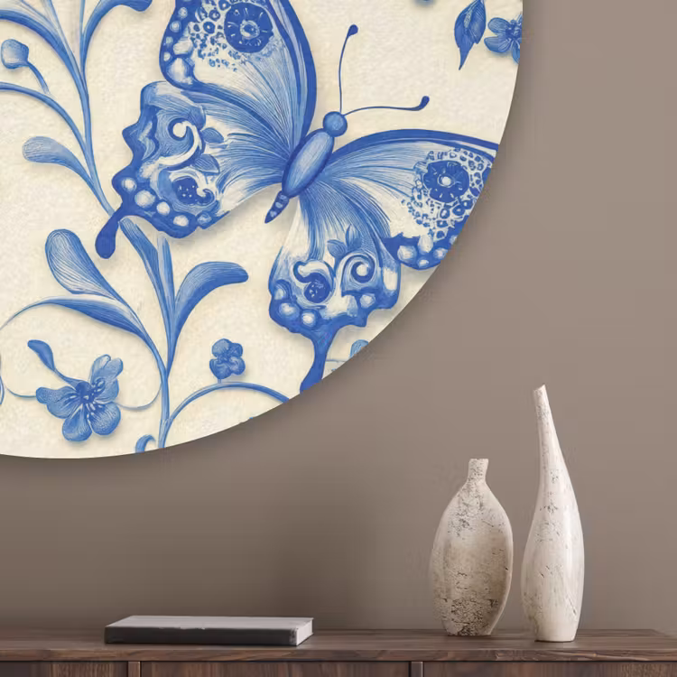 Vlinders - Bloemen - Blauw - Botanisch Akoestische PET Vilt - Rond klein 838 -sfeer5_closeup